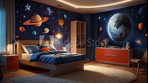 Space themed children's room decoration complete with planet paintings