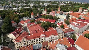 Beautiful aerial view of Tallinn old town, red rooftop buildings. Estonia, Tallinn city center and medieval old town, summer sunny day. Central town square with town hall, old architecture.