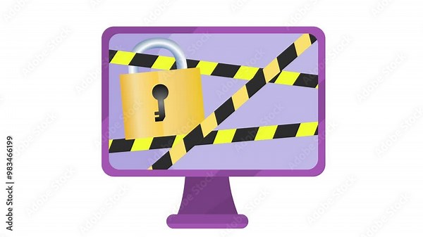 A computer monitor with a padlock and caution tape cartoon animation. Suitable for security breaches, cybercrime awareness and restrict access to data video content
