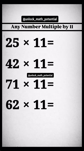 UnlockMathPotential on Instagram: "Any Number Multiple by 11✅ P̳r̳o̳c̳e̳d̳u̳r̳e̳ ̳o̳f̳ ̳t̳h̳i̳s̳ ̳m̳e̳t̳h̳o̳d̳:̳ 𝐅𝐢𝐫𝐬𝐭 𝐰𝐞 𝐭𝐚𝐥𝐤 𝐚𝐛𝐨𝐮𝐭 𝟗𝟗 𝐱 𝟏𝟏 , When we have 99 x 11 , it can be witten as 9 (9+9) 9 which is equals to 9 (18) 9. Then u have to shift the “ one “ of 18 as the carry on the left side “9” then we will get 1089. 𝐒𝐞𝐜𝐨𝐧𝐝𝐥𝐲 , 𝐰𝐞 𝐭𝐚𝐥𝐤 𝐚𝐛𝐨𝐮𝐭 𝐡𝐨𝐰 𝐰𝐞 𝐦𝐮𝐥𝐭𝐢𝐩𝐥𝐲 𝐭𝐡𝐫𝐞𝐞 𝐝𝐢𝐠𝐢𝐭𝐬 𝐧𝐮𝐦𝐛𝐞𝐫𝐬 𝐰𝐢𝐭𝐡 𝟏𝟏 ? Let’s this is understand by ex