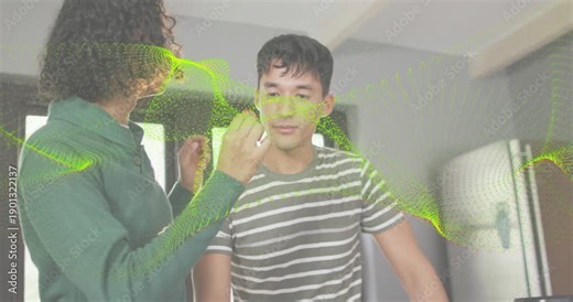 Non-binary offering red sample for taste test, feeding him by counter, green overlay sweeping