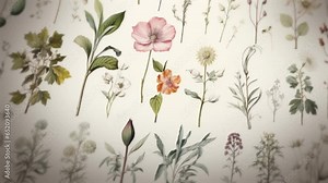 Animation of a paper from a botanical treatise with different plants and flowers drawn by hand and colored for scientific study. Floral pattern of illustrated vegetal elements
