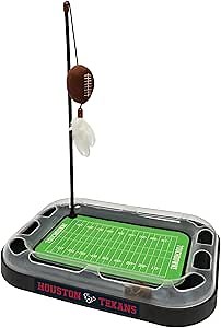 Pets First Catnip Toy HOUSTON TEXANS FOOTBALL FIELD CAT SCRATCHER TOY with CATNIP Filled Plush FOOTBALL Toy & Feather Cat Toy hanging, with Jingle Bell INTERACTIVE BALL Cat Chasing 5-in-1 KITTY Toy