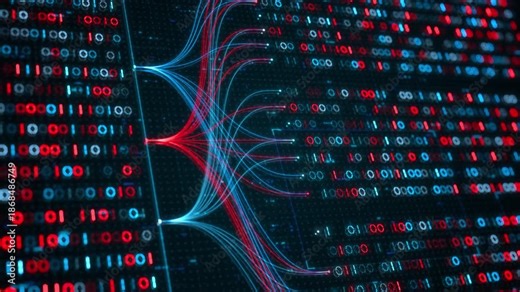 Big Data Analytics, Neural Network Data Flow Visualization, AI Machine Learning, Quantum Computing, Binary Code Digital Grid of Ones and Zeros, Artificial Intelligence Technology Abstract Background