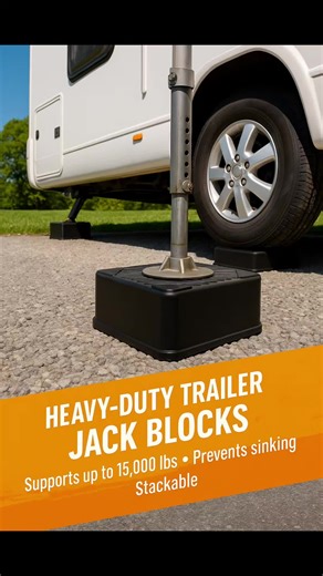 Heavy-duty trailer jack blocks made of 100% new nylon polymer for maximum strength and durability. Support up to 15,000 lbs, resist oil & UV, and feature a wide surface to prevent sinking. Fit almost any trailer jack foot — round, square, wheel, scissor, or post. Stackable for extra height and easy storage. Perfect for RVs, campers, caravans, and heavy trailers. Bloques para gato de tráiler súper resistentes, hechos de 100 % nylon nuevo para máxima fuerza y durabilidad. Soportan hasta 15,000 lbs