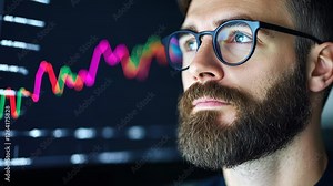 Analyst Analyzing Complex Data Visualizations on Transparent Interface with Colorful Graphs and Charts in Modern Workspace