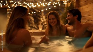 Sauna party with friends in a hot tub, laughing and enjoying drinks. Warm lights in a snowy winter setting. Thermal therapy, alternative social spaces, wellness