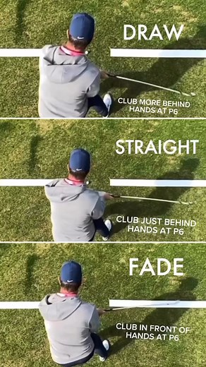 The Secret to Shaping Your Golf Shots (Explained at P6) This is a pretty cool visual of the golf swing at the P6 position — when the shaft is last parallel to the ground in the downswing. From this aerial angle you can really see how different club positions create different shots: • Top: Club lower than the hands → more of a draw. • Middle: Club just under the hands → straight shot. • Bottom: Club above the hands → fade. This is where the terms ‘behind the hands’ and ‘in front of the hands’ com