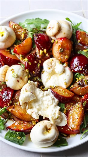 The Summer of Salads is here! 😎 So we’ve combined our powers on this sweet & sour sensation. Featuring @giorgios_artisancheese Baby Burrata, heirloom tomato, @tastegoldi Balsamic glazed grilled plums pistachio for a bit of crunch. 😋 | Giorgio’s Artisan Cheese