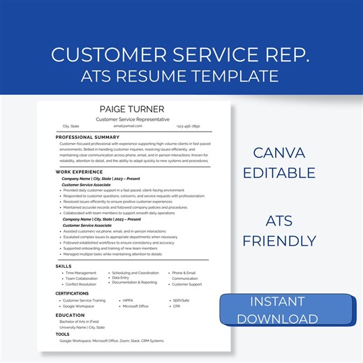 Customer Service Representative Resume Template | ATS Friendly | Canva Editable - Etsy