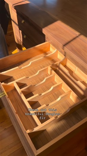 Tupelo Studio on Instagram: "I’ve been saving all the cool douglas fir projects I can find in the hopes of making an appreciation post one of these days. Please send my way any cool DF stuff you know about! I have a pile of it with some really wild grain that I’m setting aside for our hallway bookshelves. #douglasfir #blackwalnut #kitchendrawers #kitchenworktable #kitchenisland"