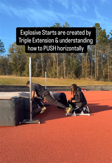 Explosive starts are built through triple extension — the coordinated extension of the hip, knee, and ankle — allowing the athlete to apply force & cover ground, which maximizes acceleration and horizontal projection out of the start. #godisable #sprinttraining #blockstart #speed #sprinter