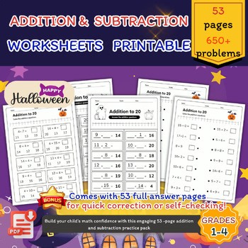 Halloween Math Worksheets Bundle | Addition & Subtraction to 20 | 650  Problems