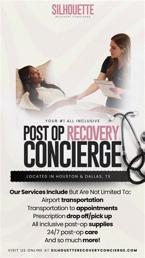 Dallas Location! Last-minute availability: Feb 16-20. 3 night minimum requirement Silhouette Recovery Concierge, Dallas’s premier post-op plastic surgery recovery home. We offer a fully supported, stress-free healing experience with a compassionate, licensed care team by your side 24/7. Our all-inclusive services include: ✨ Airport pick-up & drop-off ✨ Transportation to pre-op, surgery, and post-op appointments ✨ Prescription pick-up & delivery ✨ 24/7 post-operative care ✨ Laundry services ✨ All