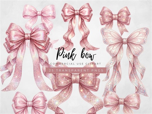 Pink Bow Clipart Set, Pink Ribbon Bows Watercolor, Glitter Pink Bow Graphics, Coquette Ribbon Clipart, Feminine Decorative Bows - Etsy
