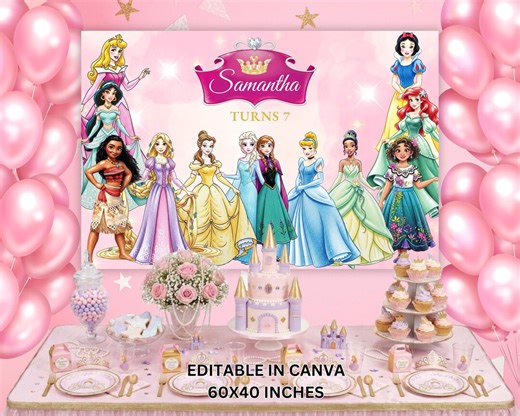 Princess Birthday Banner Backdrop, Princess Backdrop, Printable Birthday Banner, Princess Party Backdrop, Princess Party Decor P1, - Etsy