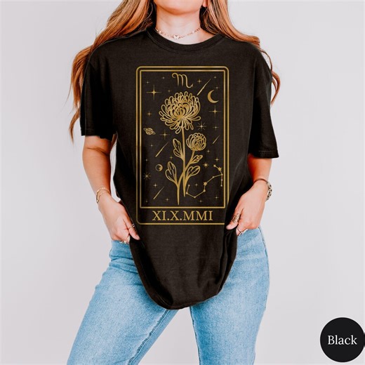 Custom November Birth Flower Zodiac Shirt, Personalized Scorpio Sagittarius Sweatshirt, Celestial Astrology Gift, Chrysanthemum Tarot Tee - Etsy