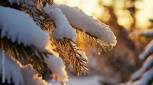 Snow covered pine tree branch is shimmering in the golden light of a setting sun, creating a warm and inviting winter scene
