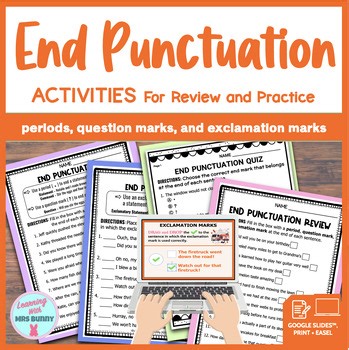 No Prep END PUNCTUATION Digital • Print Worksheet Activities and Test Grades 3-5