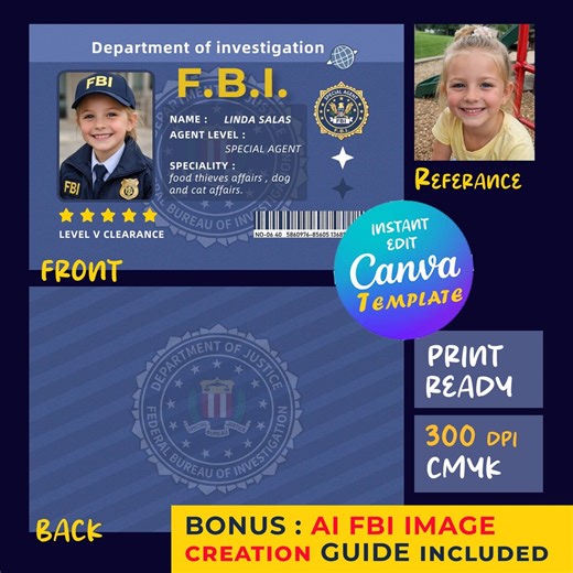Custom Kids FBI ID Badge Editable Canva Template Pretend Play Police Printable Prop Card - Etsy UK