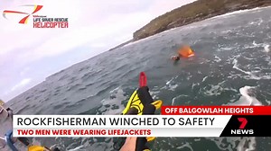 A rock fisherman has been pulled from the water off Balgowlah Heights. The Westpac helicopter rescue crew captured the moment he was winched to safety. He and another man were washed off rocks just after 11am. The other fisherman managed to swim to shore. Both were wearing lifejackets. 7NEWS at 6pm. More local news: 7news.com.au/news/nsw #BalgowlahHeights #7NEWS | 7NEWS Sydney