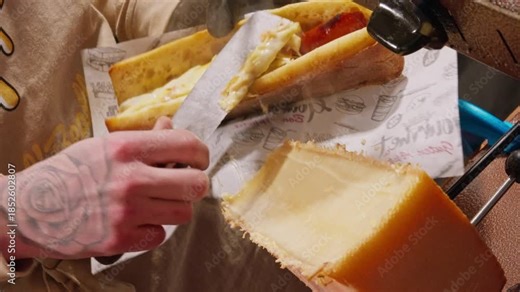 Traditional cheese raclette. Food culture in France. A warm and inviting raclette stand melting cheese over fresh bread, filling the Christmas market with cozy aromas and festive winter charm