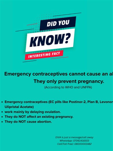 EC works before pregnancy begins, not after. It delays ovulation, it doesn’t harm an existing pregnancy and it’s not an abortion pill. If you’re unsure which option you need, talk to DIVA. #sexualhealth #contraception #goviral