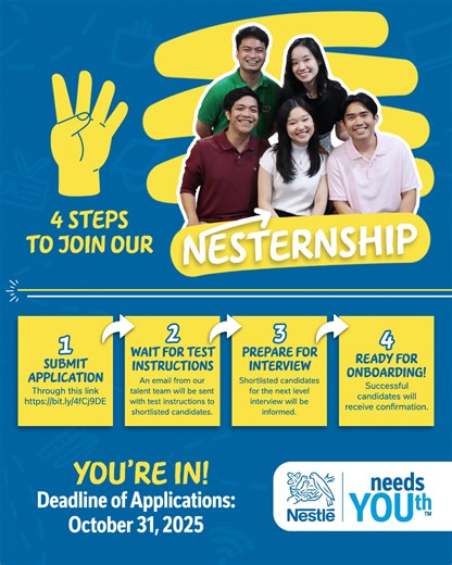 ✨Manifesting your dream internship?✨ This is your sign! Be our next Nestern and apply in just 4 easy steps! 👇🏻 1. SUBMIT YOUR APPLICATION - Through this link: https://bit.ly/4nhR9rV 2. WAIT FOR ASSESSMENT INSTRUCTIONS - An email from our Talent Team will be sent with assessment instructions to shortlisted candidates. 3. PREPARE FOR INTERVIEW - Shortlisted candidates for the next level interview will be informed. 4. GET READY FOR ONBOARDING - Successful candidates will receive confirmation by N