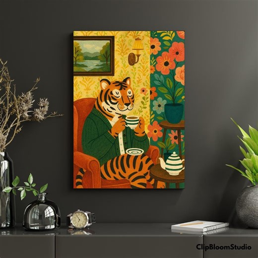 Cozy Tiger Art Print | Playful Animal Artwork | Whimsical Animal Printable | Cottagecore Tiger Decor | Vintage Style Illustration - Etsy UK