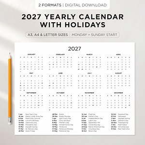 2027 Calendar With Holidays Landscape | Yearly Overview Printable | Sunday and Monday Start | Instant Download - Etsy