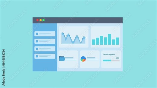 Animated flat dashboard interface displaying charts, graphs, and data panels inside a browser window. Concept of business analytics, statistics monitoring, reporting, and digital technology visualizat