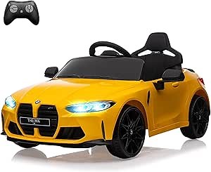 12V Ride On Car for Kids，Licensed BMW M4 Battery Powered Vehicle Car for Boys and Girls, with Remote Control,3 Speed,Led Light (Yellow)