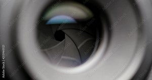 Diaphragm blades opening and closing aperture of a photo camera lens