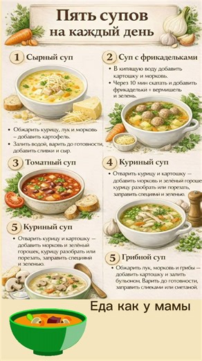 Пять супов на каждый день#еда#домашняяеда #вкуснодома #рецепты #простыерецепты