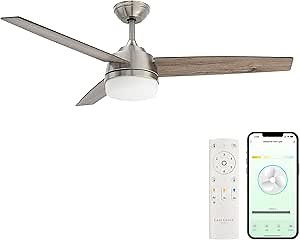 Gale 52in 3-Blade Smart Indoor or Outdoor Ceiling Fan 2700K-6000K CCT Tunable Range LED Light Kit in Brushed Nickel with Weathered Wood Blades Works With iOS or Android App