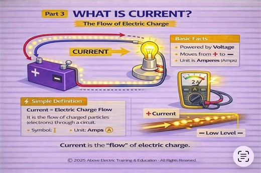 Part 3: What Is Current? Now that we understand voltage… Let’s talk about current. Current is the flow of electric charge. If voltage is the push… Current is the flow. Think about it like water: 💧 Voltage = water pressure 💧 Current = how much water is flowing No voltage? No current. Current is measured in Amps (A). Symbol: I And in our diagrams, conventional current flows: ➕ Positive ➜ ➖ Negative This is what we use for calculations and troubleshooting. Remember: Voltage pushes. Current flows.