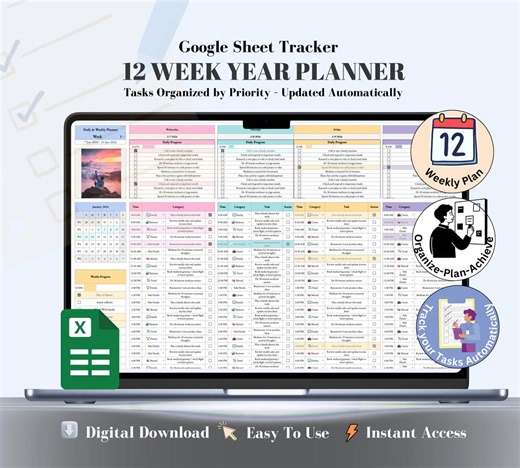 12 Week Year Planner Google Sheet | Quarterly Goal Planner | Weekly Goal Tracker Spreadsheet | Digital Download - Etsy