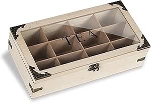 Tea Box,Wood Tea Organizer and Storage,12 Compartments | Rustic Tea Bag Holder Organizer with Clear Lid for Countertop Kitchen Cabinet Pantry (Smoky)