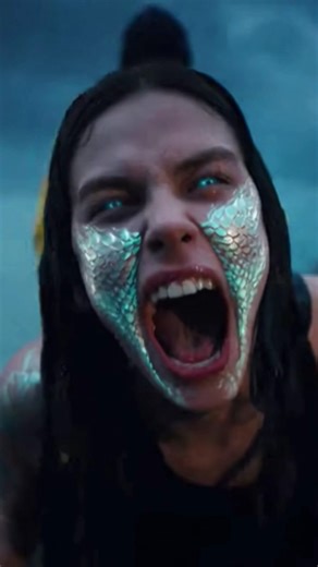 A soakingwet woman is pulled aboard from the sea by two fishermen. her skin begins to shimmer