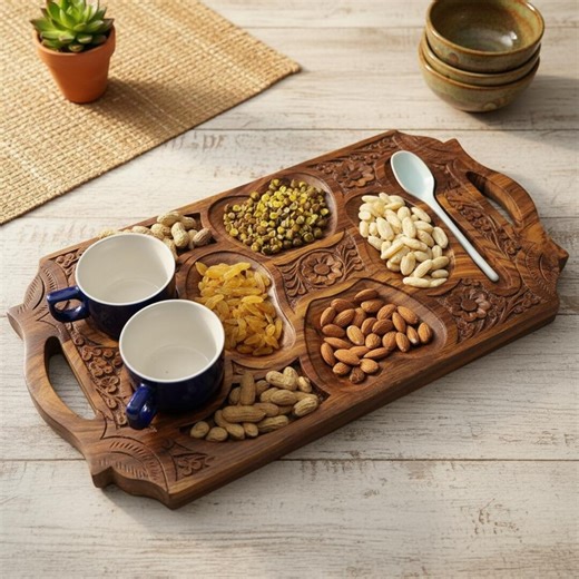 Hand Carved Wooden Dry Fruit Tray – Large Snack Serving Platter With Compartments,rustic Festive Serveware,eid Diwali Gift,coffee Table Tray - Etsy