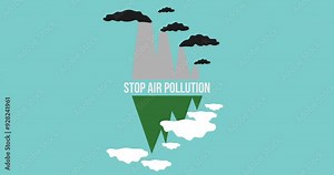 Air pollution, icon and mountain with sustainable clean energy for ecology, eco friendly and global impact. Clouds, animation and environment for prevention of factory smoke for climate change.