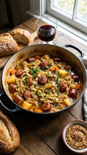 Chou vert braisé aux saucisses 🧾 Ingrédients (4 personnes) 1 chou vert frisé moyen 4 saucisses (fumées, de Toulouse ou type Montbéliard) 1 oignon 2 gousses d’ail 2 c. à s. de graisse de canard ou d’huile 15 cl de bouillon (volaille ou légumes) 1 feuille de laurier 1 branche de thym Sel, poivre noir 👩‍🍳 Préparation Préparer le chou Ôtez les feuilles abîmées, retirez le trognon et émincez le chou. Plongez-le 3 minutes dans de l’eau bouillante salée. Égouttez et pressez légèrement. Saisir les sa