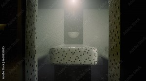 A Turkish steam sauna � hammam is seen without people inside. There is a table in the center of the room. Some amount of steam fills the hammam.