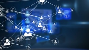 Animation of network of connections with icons over moving screens. Global science, connections, data processing and digital interface concept digitally generated video.