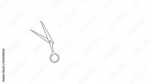 Self drawing animation of scissors. Copy space. White background.