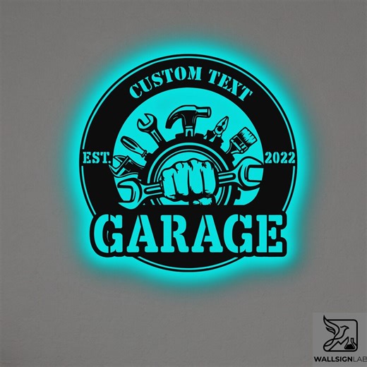 Custom Garage Metal Wall Art – RGB LED Workshop Decor, Mechanic Name Sign - Etsy