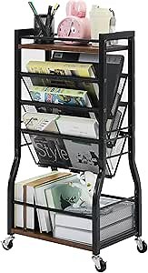 Icyhit 8 Tier Rolling File Cart, Desk Organizer Mesh Rolling Cart, Rolling Book Cart with 2 Sides Access Bookcase Storage Rack, Wood Metal File Folder Cart for Study, Home, Office, School(Black)