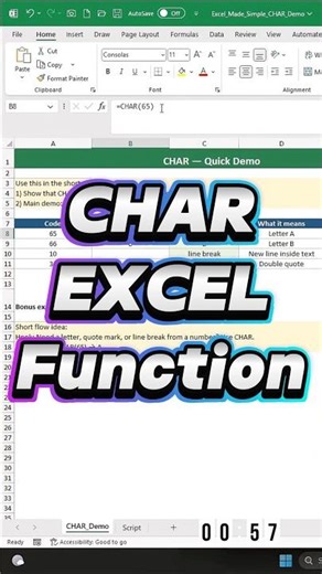 Excel A–Z in 60s: CHAR — Turn Numbers into Characters