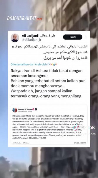 Ali Larijani Peringatkan Trump soal Ancaman di Selat Hormuz
