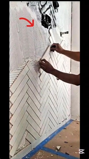 Creative Wall Tile Design Installation | Herringbone Pattern Tile Work #shorts
